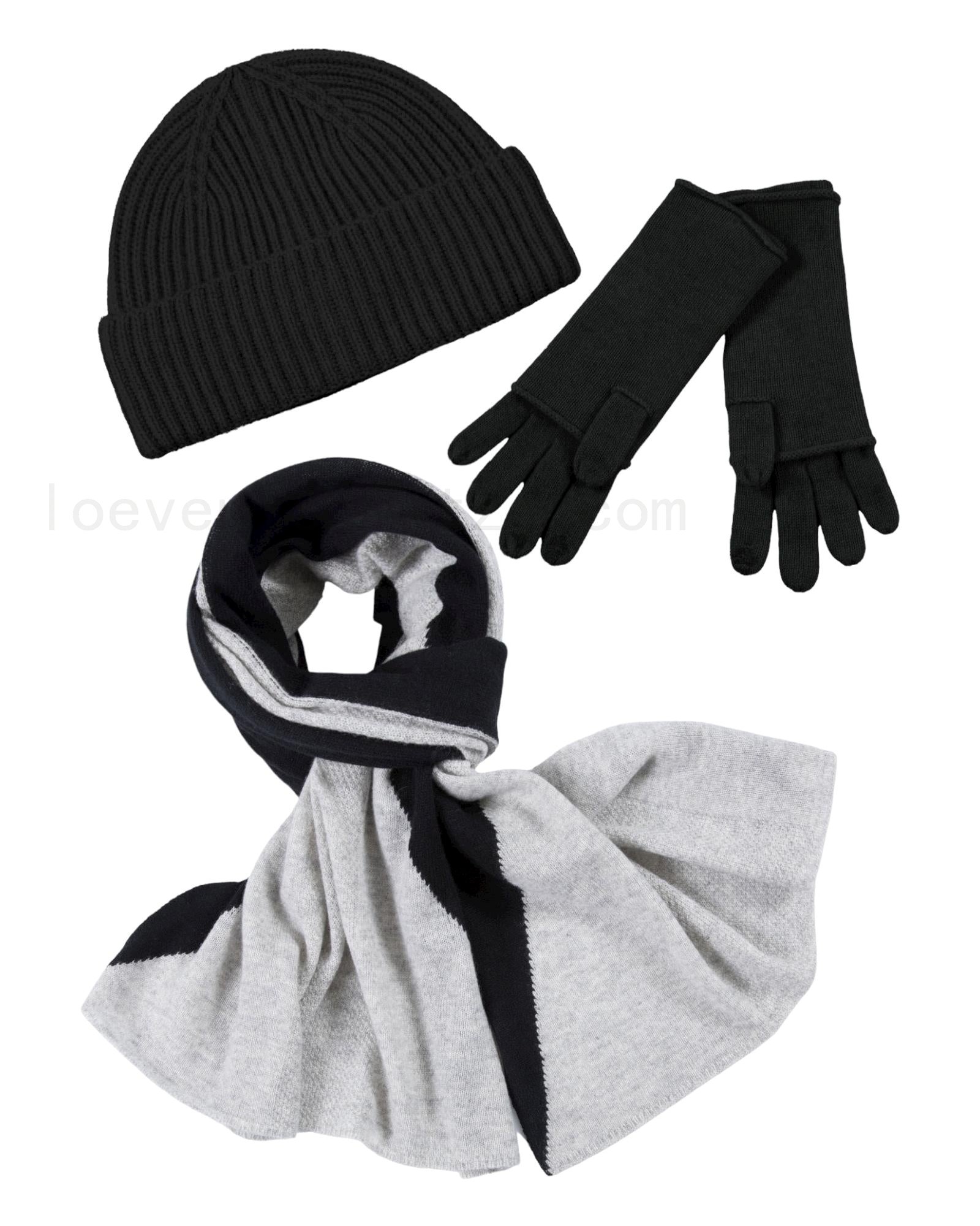 (image for) Kaschmir-Mütze, Handschuh + Schal mit geometrischem Muster - Schwarz Verkauf